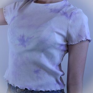 Lettuce Hem Ribbed Tye-Dye Short Sleeved Crop Top